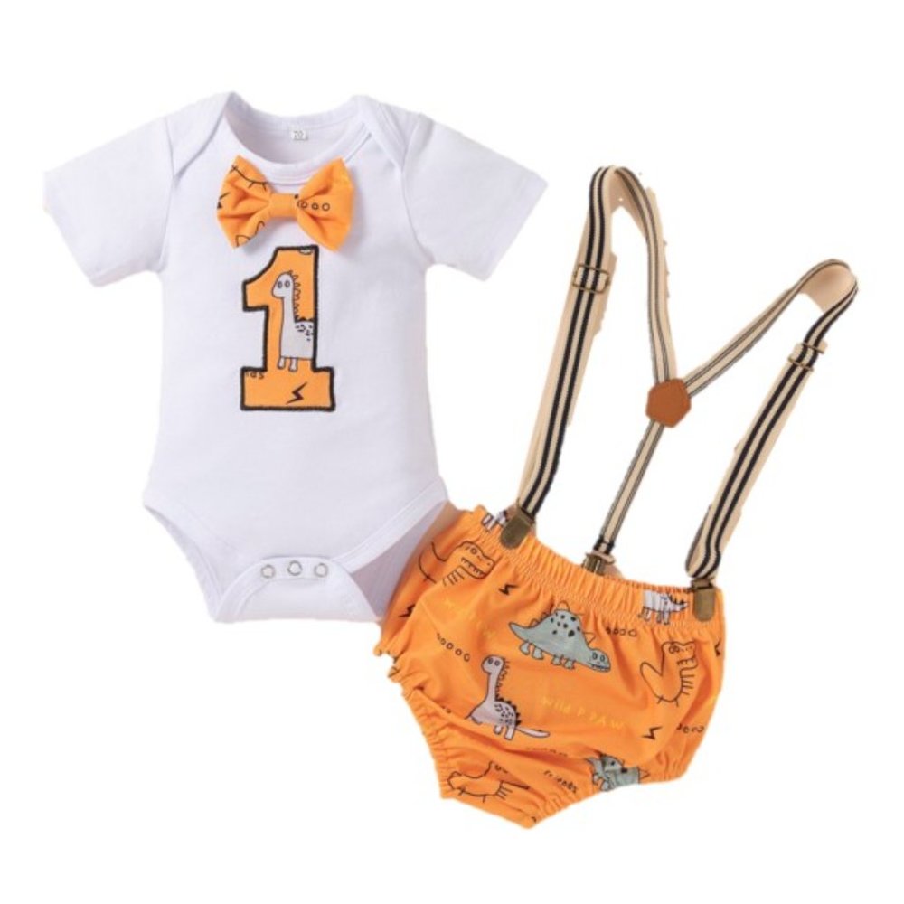 Dinosaur Boy Smash Cake Birthday Outfit Clothes Suspenders Diaper Cover Bodysuit